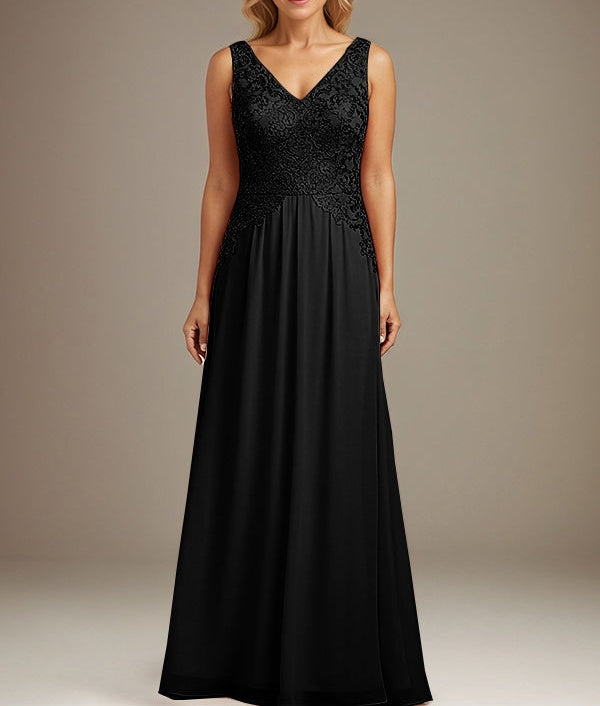 Burgundy A-line V Neck Floor-Length Lace Chiffon Mother of the Bride Dresses