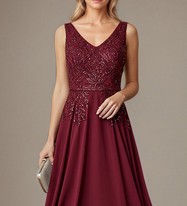 Burgundy A-line V Neck Floor-Length Lace Chiffon Mother of the Bride Dress
