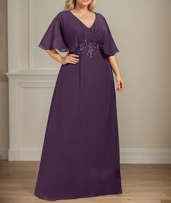A-Line V-Neck Floor-Length Chiffon Mother of the Bride Dress With Appliques Pleated