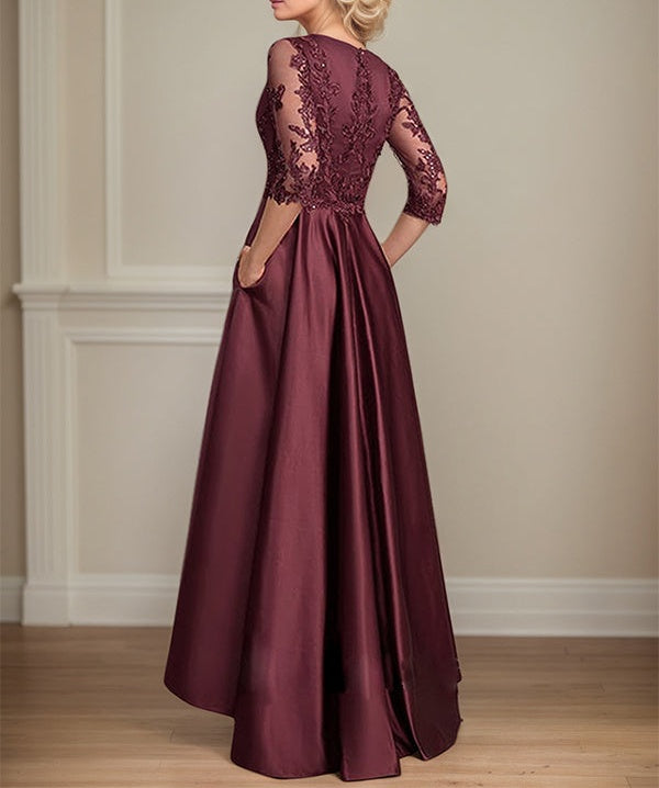A-line V-Neck Asymmetrical Satin Lace Mother of the Bride Dress With Sequins