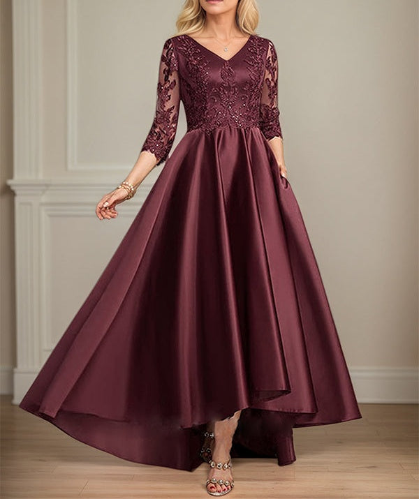 A-line V-Neck Asymmetrical Satin Lace Mother of the Bride Dress With Sequins