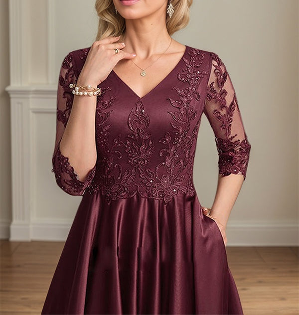 A-line V-Neck Asymmetrical Satin Lace Mother of the Bride Dress With Sequins