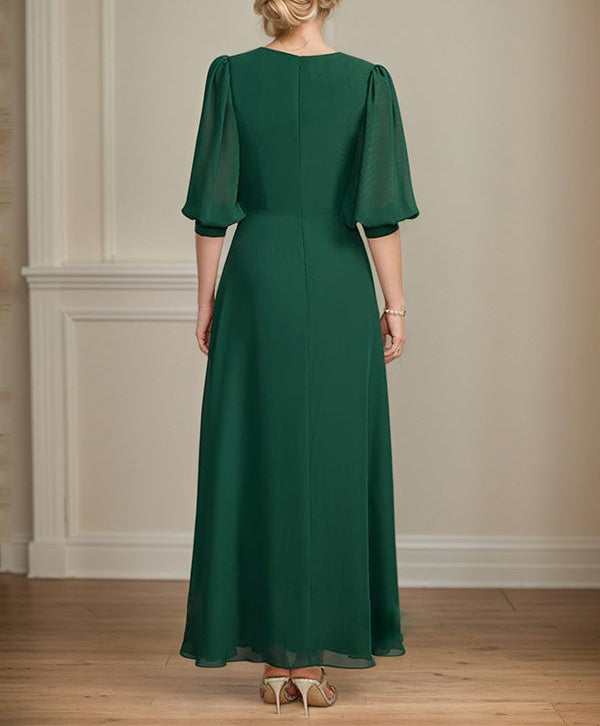A-line V-Neck Ankle-Length Chiffon Mother of the Bride Dress With Pleated Sequins Beading