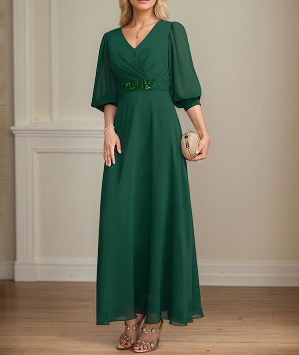 A-line V-Neck Ankle-Length Chiffon Mother of the Bride Dress With Pleated Sequins Beading