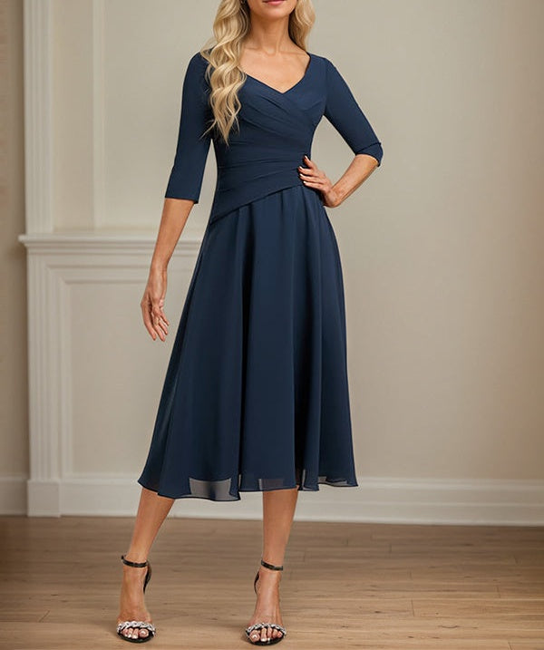 A-line V-Neck Tea-Length Chiffon Mother of the Bride Dress With Pleated