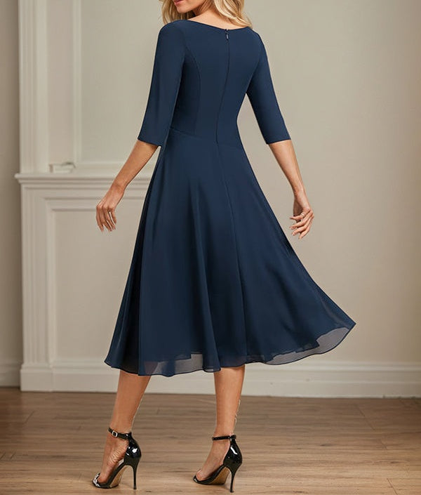 A-line V-Neck Tea-Length Chiffon Mother of the Bride Dress With Pleated