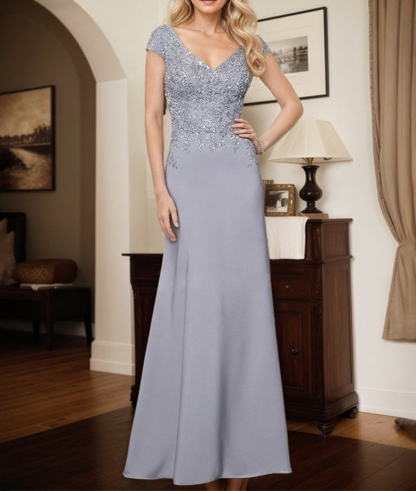 Elegant V-Neck Cap Strsps Elastic Satin Mother Of The Bride Dresses With Lace Applique