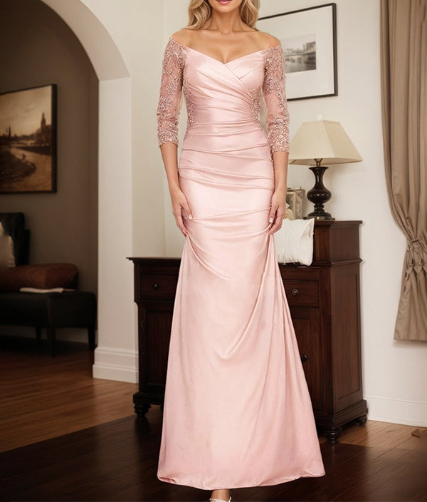 Semi Sheer LIlusion Sleeves Ruched Waist Mother Of The Bride Dresses With Off Shoulder