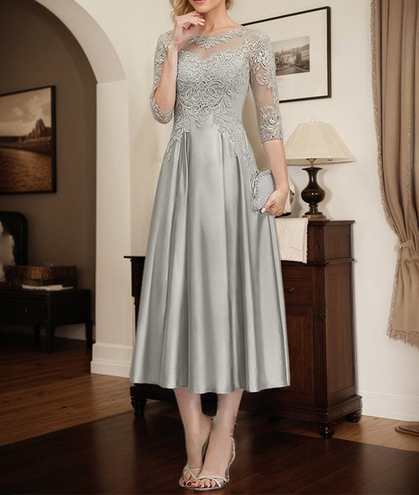 Silver A-line Illusion Scoop Tea-Length Lace Satin Mother of the Bride Dress With Beading Sequins