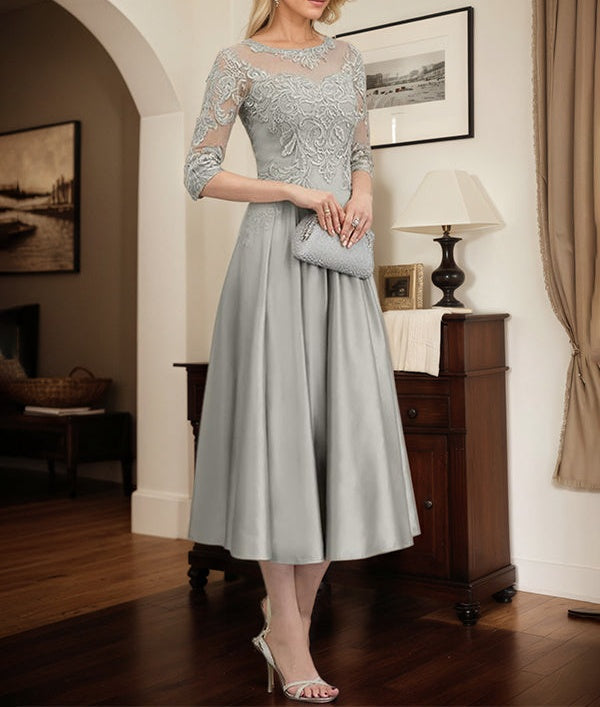Silver A-line Illusion Scoop Tea-Length Lace Satin Mother of the Bride Dress With Beading Sequins