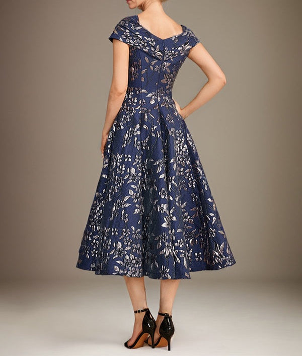 A-Line V-Neck Tea-Length Jacquard Floral Mother of the Bride Dress