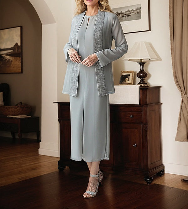 Grey Tea Length Chiffon Mother of the Bride Dress with Sequin Jacket
