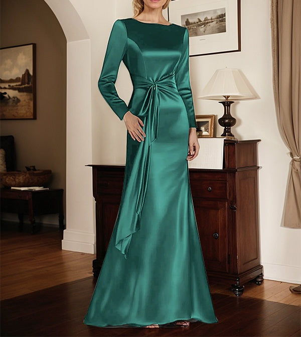 Satin Sheath Long Sleeves Mother of the Bride Dress with Side Waist