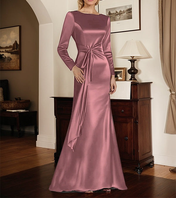 Satin Sheath Long Sleeves Mother of the Bride Dress with Side Waist