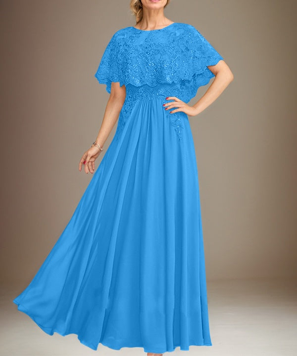 A-line Boat Neck Floor-Length Lace Chiffon Mother of the Bride Dress With Applique Sequins