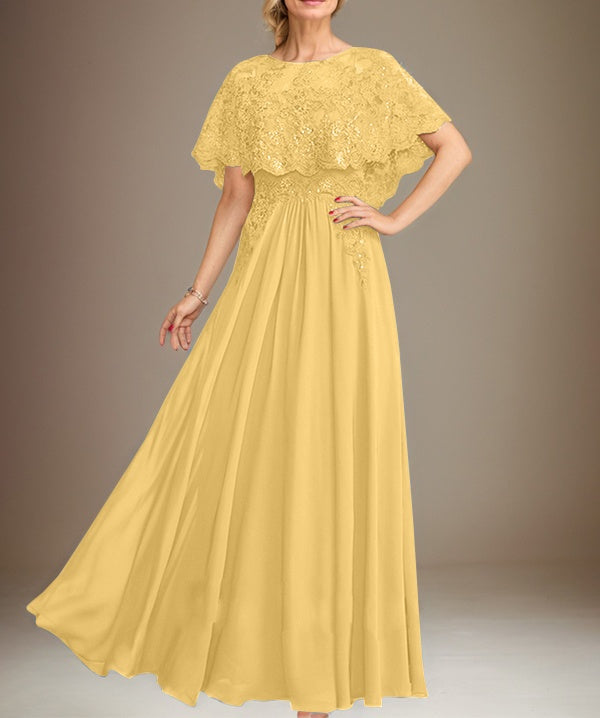A-line Boat Neck Floor-Length Lace Chiffon Mother of the Bride Dress With Applique Sequins