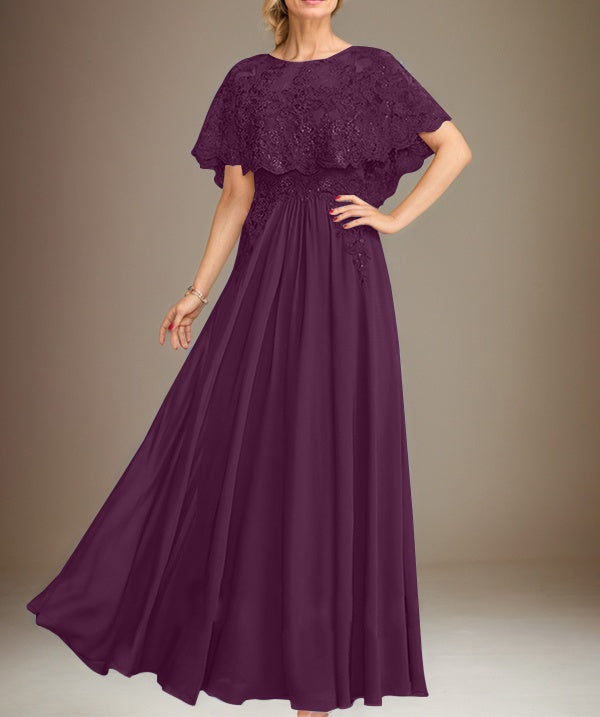 A-line Boat Neck Floor-Length Lace Chiffon Mother of the Bride Dress With Applique Sequins