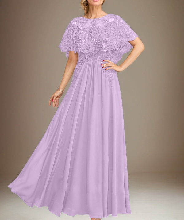 A-line Boat Neck Floor-Length Lace Chiffon Mother of the Bride Dress With Applique Sequins