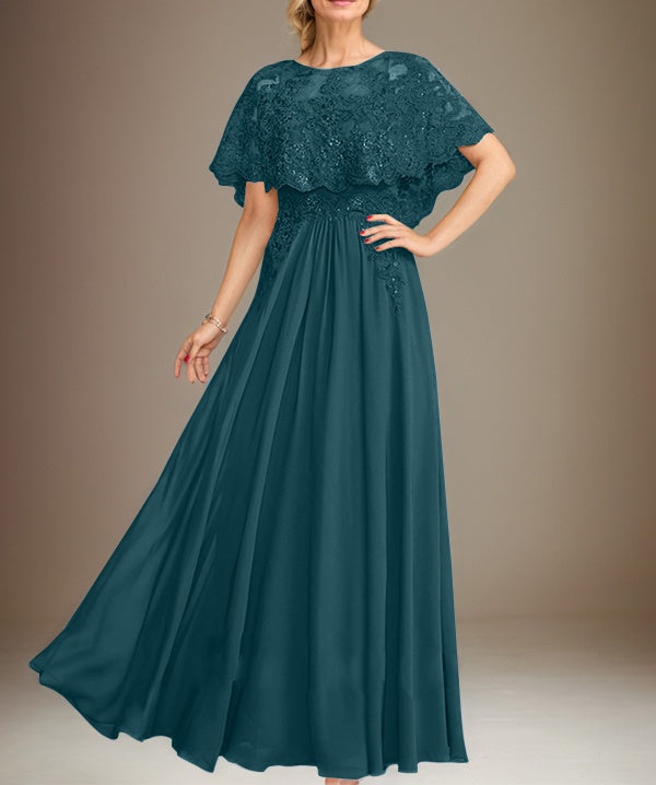 A-line Boat Neck Floor-Length Lace Chiffon Mother of the Bride Dress With Applique Sequins