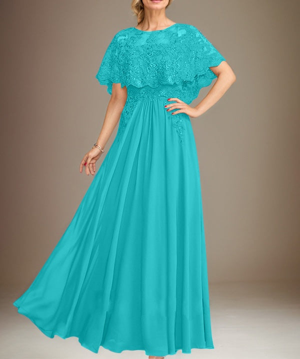 A-line Boat Neck Floor-Length Lace Chiffon Mother of the Bride Dress With Applique Sequins