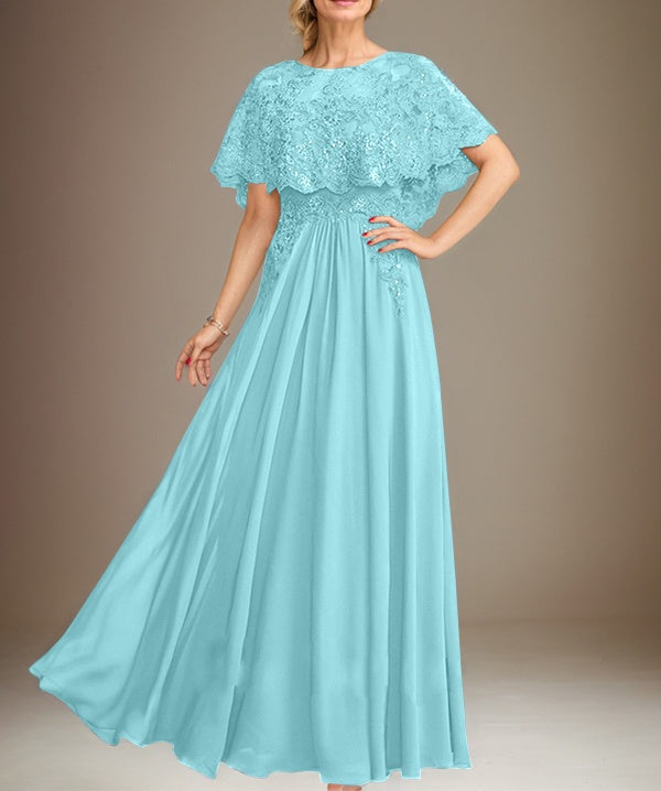 A-line Boat Neck Floor-Length Lace Chiffon Mother of the Bride Dress With Applique Sequins