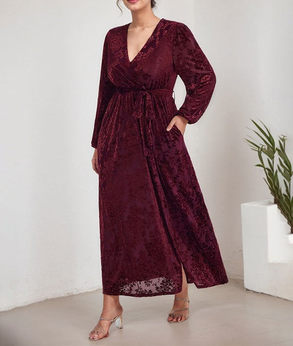 A-Line V-Neck Long Sleeves Velvet Tea-Length Mother of the Bride Dress With Split