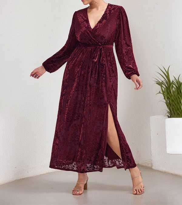 A-Line V-Neck Long Sleeves Velvet Tea-Length Mother of the Bride Dress With Split