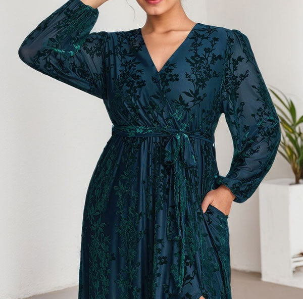 A-Line V-Neck Long Sleeves Velvet Tea-Length Mother of the Bride Dress With Split