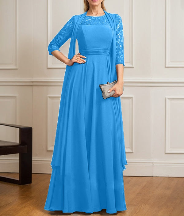 A-line Scoop Illusion Floor-Length Lace Chiffon Mother of the Bride Dress With Pleated