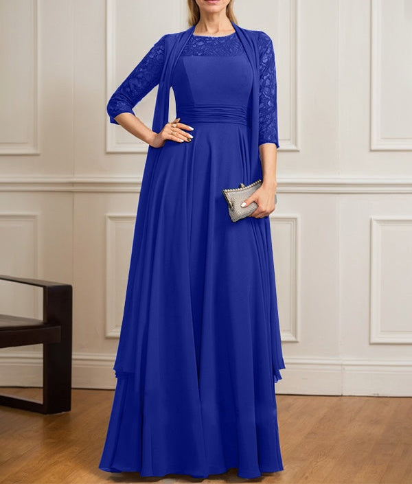 A-line Scoop Illusion Floor-Length Lace Chiffon Mother of the Bride Dress With Pleated