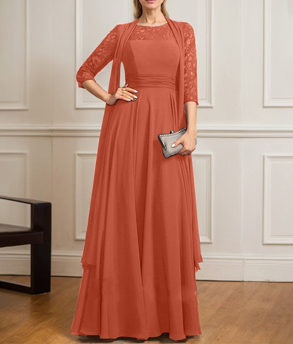 A-line Scoop Illusion Floor-Length Lace Chiffon Mother of the Bride Dress With Pleated