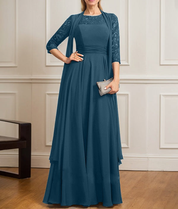 A-line Scoop Illusion Floor-Length Lace Chiffon Mother of the Bride Dress With Pleated