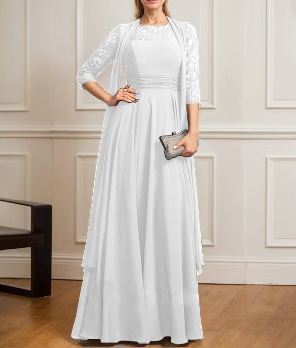 A-line Scoop Illusion Floor-Length Lace Chiffon Mother of the Bride Dress With Pleated