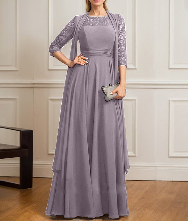 A-line Scoop Illusion Floor-Length Lace Chiffon Mother of the Bride Dress With Pleated