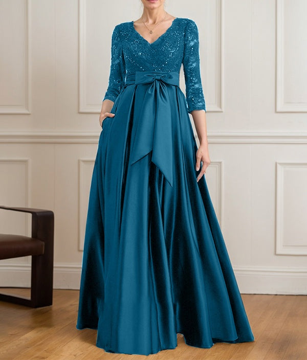 A-line V-Neck Floor-Length Satin Lace Mother of the Bride Dress With Sequins Bow