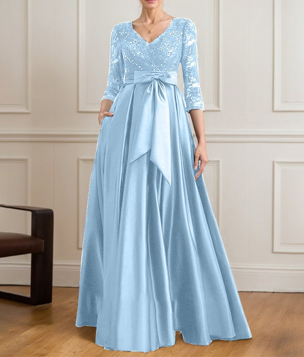 A-line V-Neck Floor-Length Satin Lace Mother of the Bride Dress With Sequins Bow