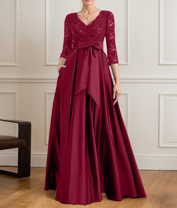 A-line V-Neck Floor-Length Satin Lace Mother of the Bride Dress With Sequins Bow