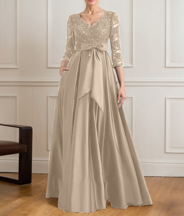A-line V-Neck Floor-Length Satin Lace Mother of the Bride Dress With Sequins Bow