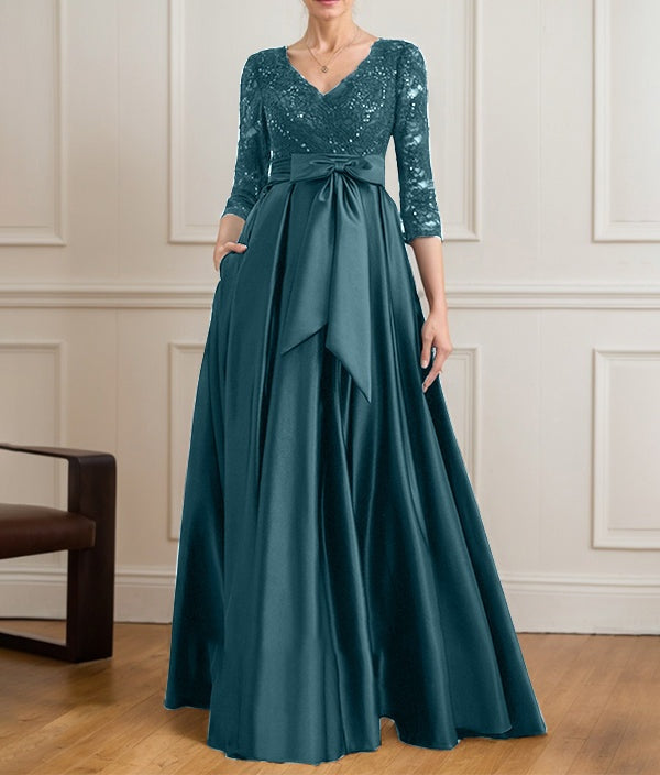 A-line V-Neck Floor-Length Satin Lace Mother of the Bride Dress With Sequins Bow
