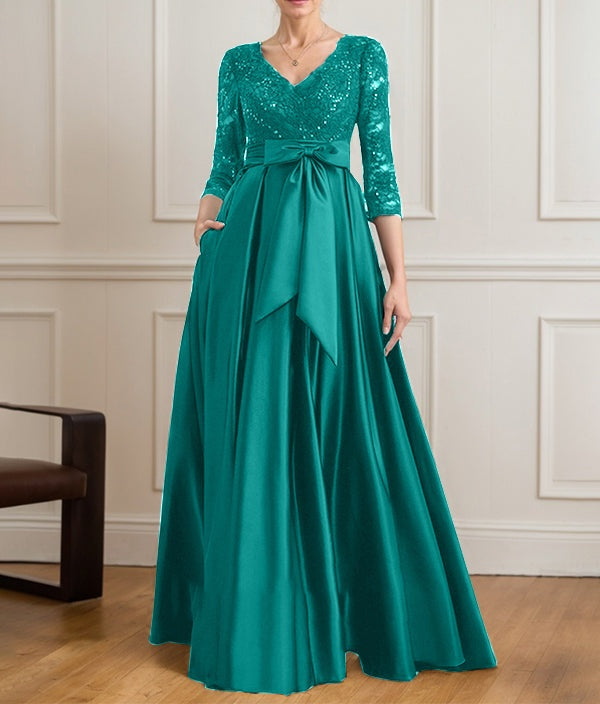 A-line V-Neck Floor-Length Satin Lace Mother of the Bride Dress With Sequins Bow