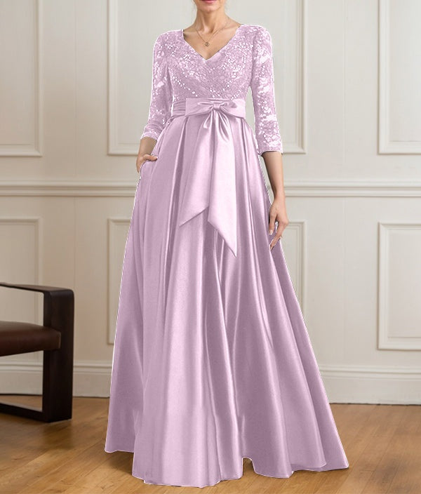 A-line V-Neck Floor-Length Satin Lace Mother of the Bride Dress With Sequins Bow