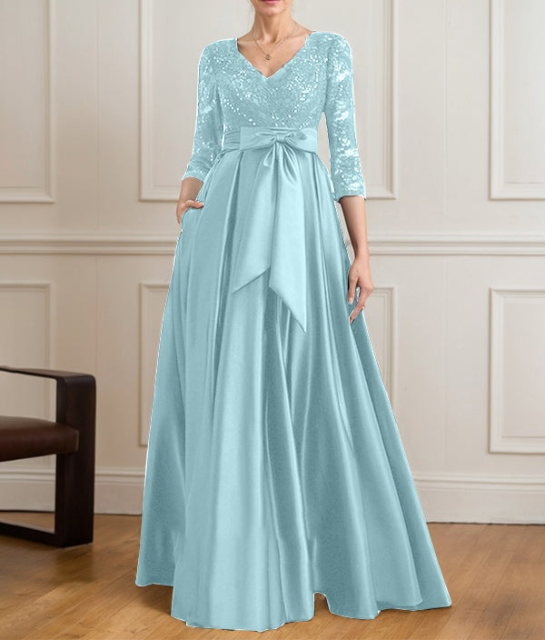 A-line V-Neck Floor-Length Satin Lace Mother of the Bride Dress With Sequins Bow