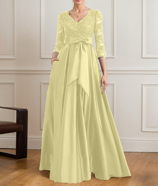 A-line V-Neck Floor-Length Satin Lace Mother of the Bride Dress With Sequins Bow