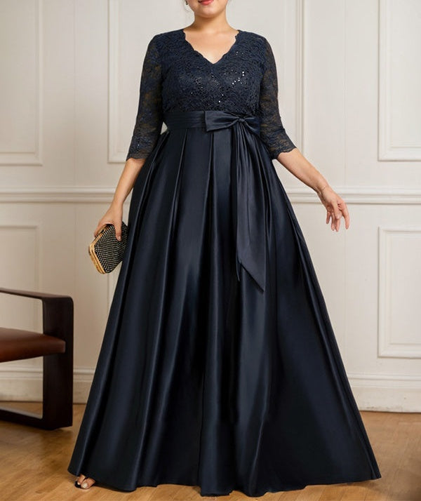 A-line V-Neck Floor-Length Satin Lace Mother of the Bride Dress With Sequins Bow