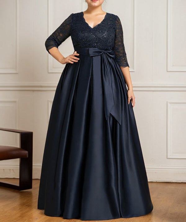 A-line V-Neck Floor-Length Satin Lace Mother of the Bride Dress With Sequins Bow