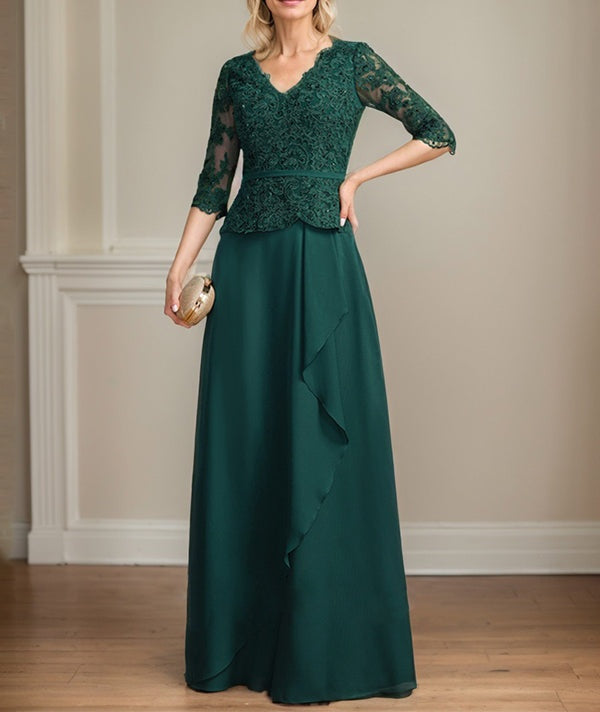 A-line V-Neck Floor-Length Lace Chiffon Mother of the Bride Dress With Cascading Ruffles Sequins