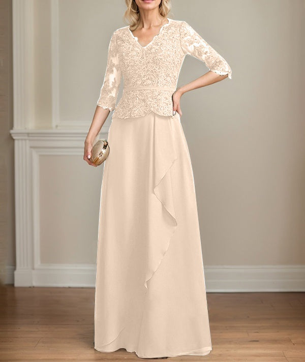 A-line V-Neck Floor-Length Lace Chiffon Mother of the Bride Dress With Cascading Ruffles Sequins