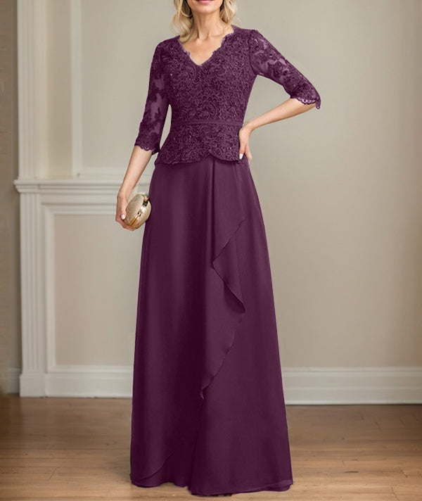 A-line V-Neck Floor-Length Lace Chiffon Mother of the Bride Dress With Cascading Ruffles Sequins