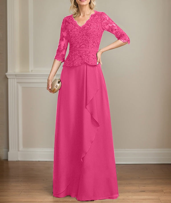 A-line V-Neck Floor-Length Lace Chiffon Mother of the Bride Dress With Cascading Ruffles Sequins