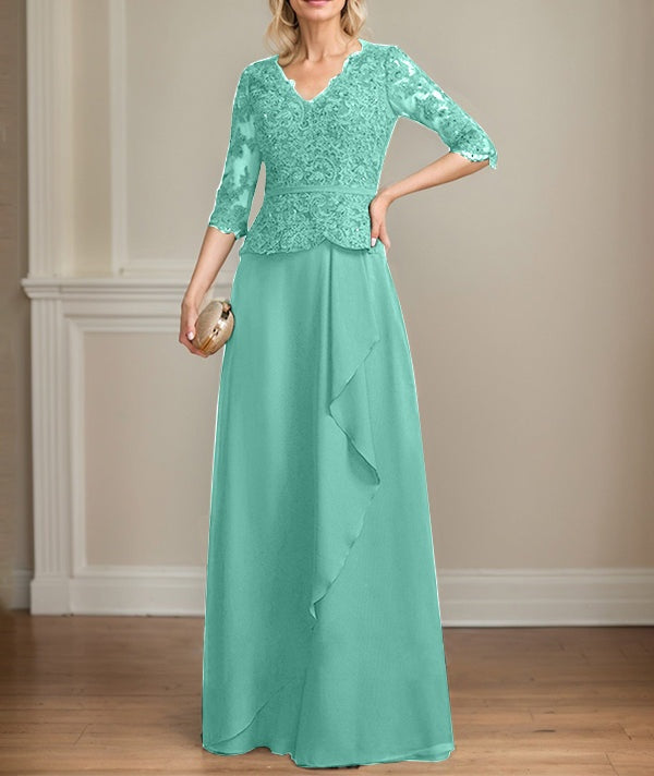 A-line V-Neck Floor-Length Lace Chiffon Mother of the Bride Dress With Cascading Ruffles Sequins